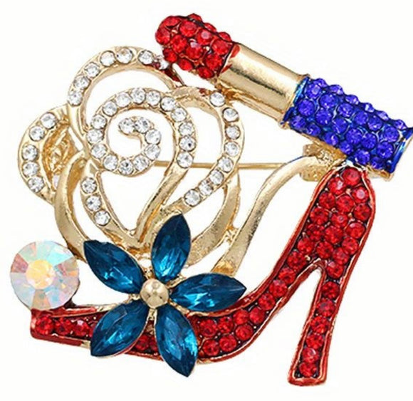 1.25” GOLD MULTI COLOR BROOCH SHOE FLOWER LIPSTICK ( 8587 MT )