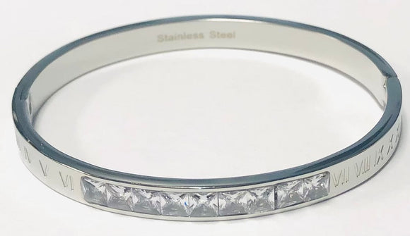 SILVER STAINLESS STEEL BANGLE GREEK CLEAR STONES ( 200 )