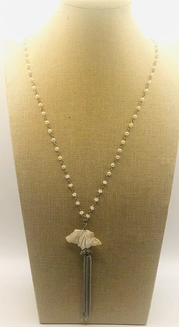 LONG SILVER NECKLACE SET PEARLS ( 0519 RHNT )