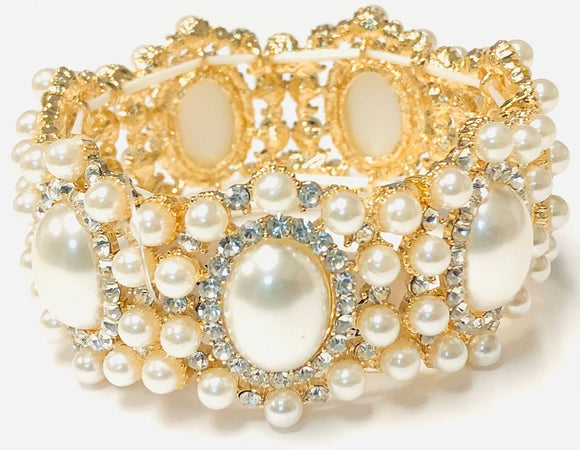 Gold CREAM PEARL Stretch Bracelet CLEAR Stones ( 193 GCR )