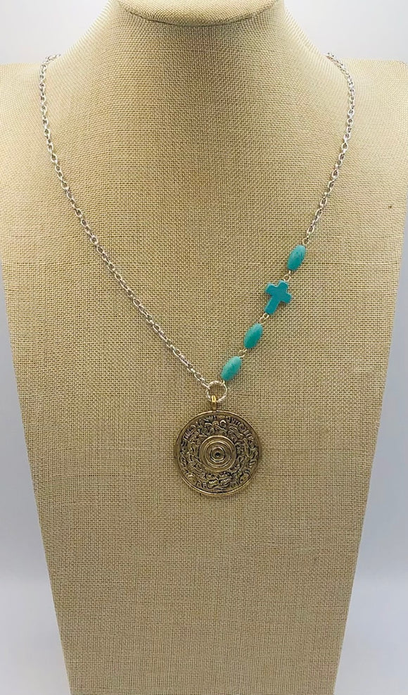 LONG SILVER NECKLACE GOLD PENDANT TURQUOISE ( 147 2 )