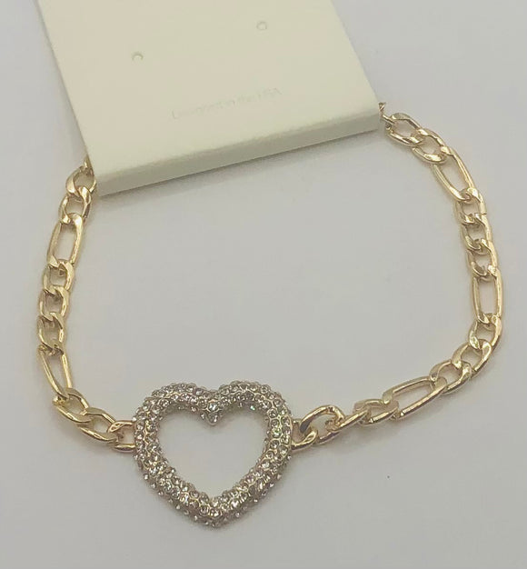 GOLD BRACELET HEART CHARM CLEAR STONES ( 8047 GDCRY )