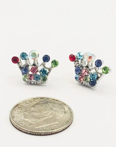 3/4" Silver MULTI COLOR Rhinestone Crown Stud Earrings ( 36041 MT )