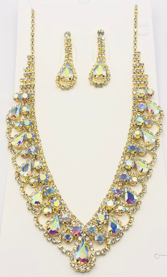 GOLD NECKLACE SET CLEAR AB STONES ( 10792 GAB )