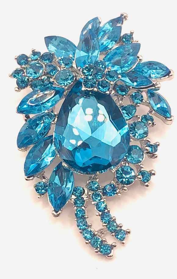 SILVER AQUA BLUE BROOCH RHINESTONES ( 06334 SBL )