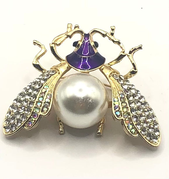 GOLD INSECT BROOCH PURPLE CLEAR STONES ( 06711 PU )