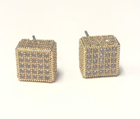 GOLD CUBE EARRINGS CLEAR CZ CUBIC ZIRCONIA STONES ( 5740 G )