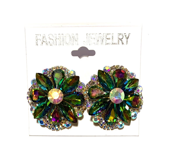 ROUND VITRAIL OIL SPILL STONES CLIP ON EARRINGS ( 2842 VM )