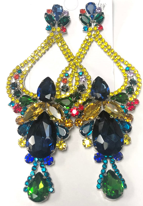 LARGE GOLD CHANDELIER EARRINGS MULTI COLOR STONES ( 2679 GMT )