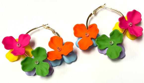 GOLD MULTICOLOR FLOWER HOOP EARRINGS ( 2831 MLT )