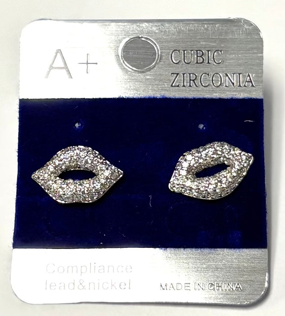 SILVER LIP EARRINGS CZ STONES ( 373 )