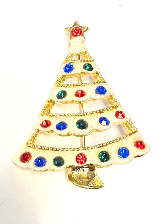 WHITE CHRISTMAS TREE BROOCH MULTICOLOR STONES ( 3713 )
