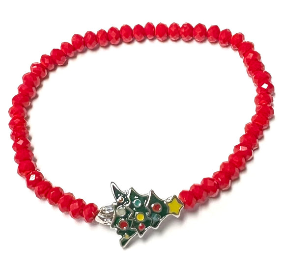 RED STRETCH BRACELET CHRISTMAS TREE CHARM ( 2312 RHCR )