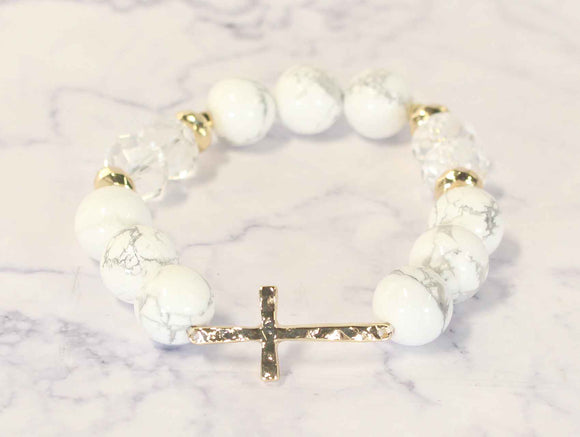 NATURAL STONE STRETCH BRACELET CROSS WHITE ( 0918 GLWHT )