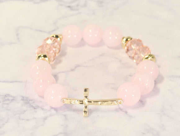 NATURAL STONE STRETCH BRACELET CROSS PINK ( 0919 GLPNK )