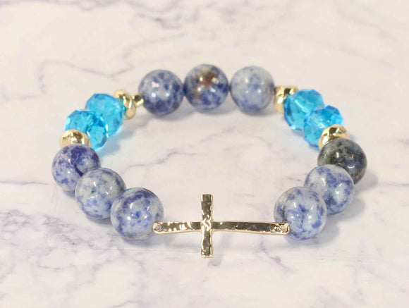 NATURAL STONE STRETCH BRACELET CROSS BLUE ( 0920 GLBLU )