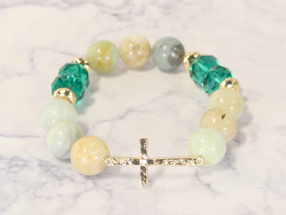 NATURAL STONE STRETCH BRACELET CROSS GREEN ( 0921 GLGRN )