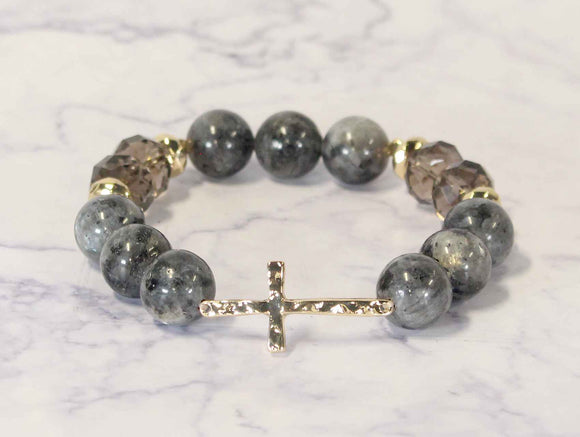 NATURAL STONE STRETCH BRACELET CROSS BLACK ( 0922 GLBLK )