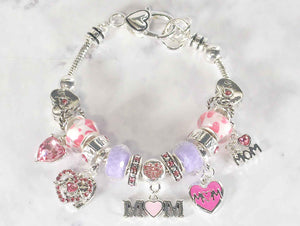 SILVER PINK HEART MOM CHARM BRACELET ( 0948 SV )