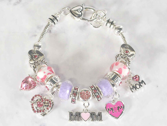 SILVER PINK HEART MOM CHARM BRACELET ( 0948 SV )