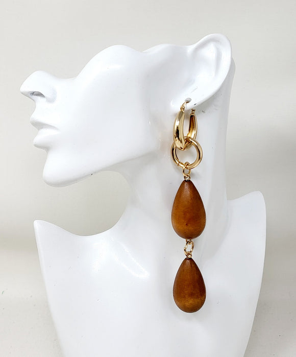 Dangling Gold Brown Wooden Earrings ( 11458 GBR )