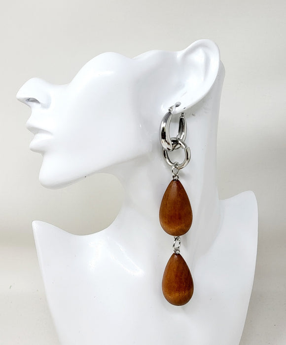 Dangling Silver Brown Wooden Earrings ( 11458 RBR )
