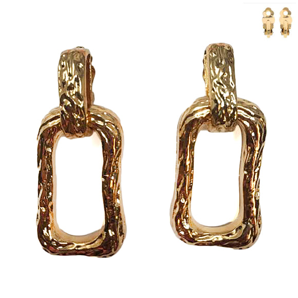 GOLD RECTANGLE HAMMERED CLIP ON EARRINGS ( 20080 G )