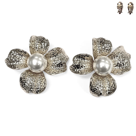 SILVER FLOWER CLIP ON EARRINGS WHITE PEARLS ( 20203 RWH )