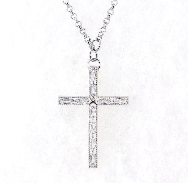 SILVER CROSS PENDANT NECKLACE CZ CUBIC ZIRCONIA ( 1320 S