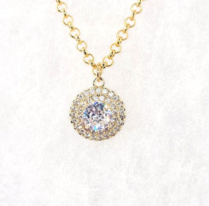 GOLD NECKLACE ROUND PENDANT CLEAR CZ CUBIC ZIRCONIA ( 250 G )