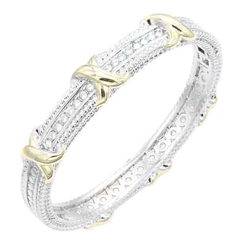 TWO TONE CLEAR CZ HINGED BANGLE BRACELETS ( 312 2T )