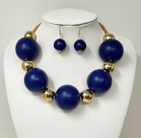 GOLD ROYAL BLUE BALL NECKLACE ( 10411 GRB )