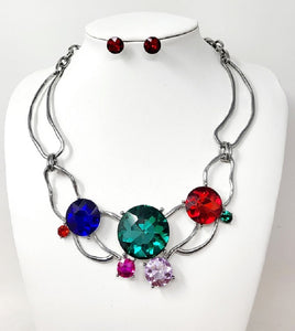 SILVER NECKLACE SET MULTI COLOR STONES ( 10442 RMT )