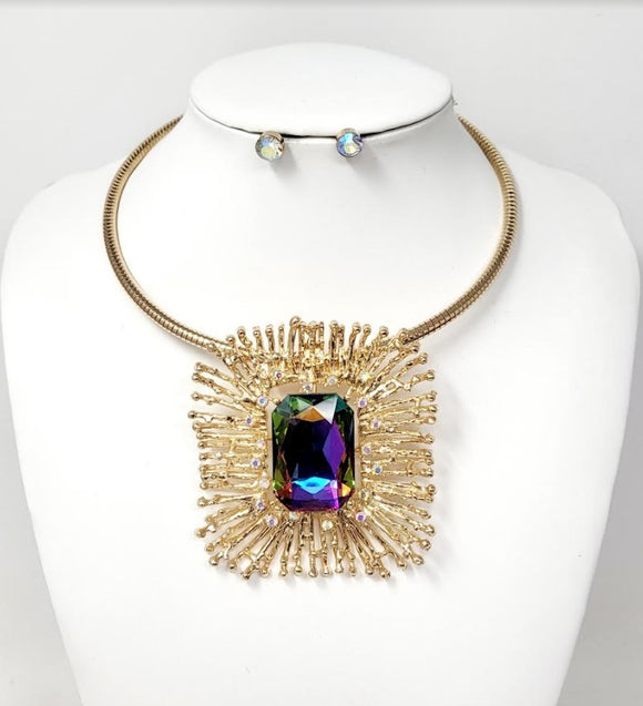 GOLD CHOKER NECKLACE SET VITRAIL OIL SPILL STONES ( 10495 GGT )