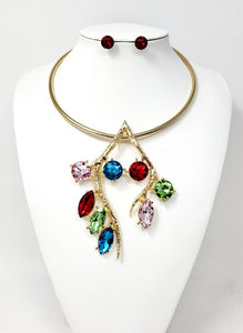 GOLD CHOKER NECKLACE SET MULTICOLOR STONES ( 10498 GMT )