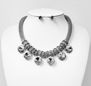SILVER NECKLACE SET CLEAR STONES ( 10511 RCL )
