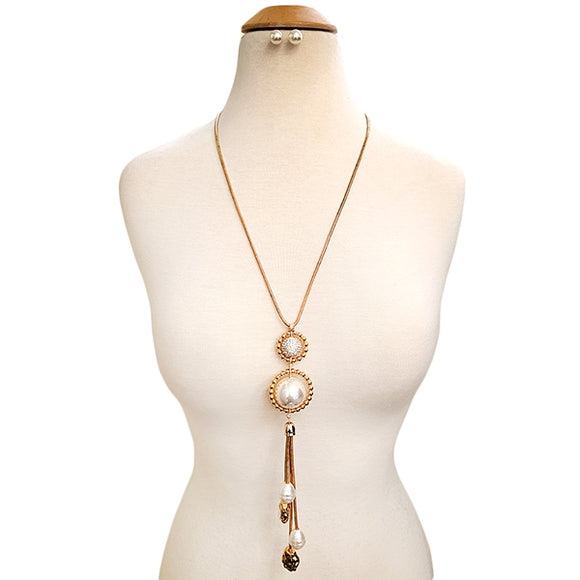 LONG GOLD NECKLACE SET CREAM PEARLS ( 10530 GCR )