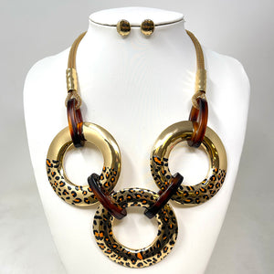 GOLD NECKLACE SET 3 RING LEOPARD PRINT ( 10532 GLE )