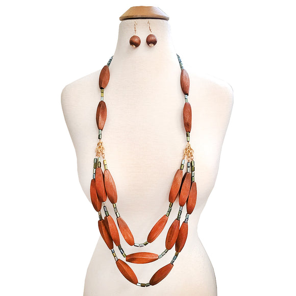 LONG GOLD BROWN WOOD NECKLACE SET ( 10568 GBR )