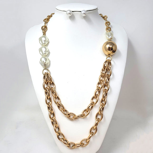 LONG GOLD NECKLACE SET CREAM PEARLS ( 10569 GCR )