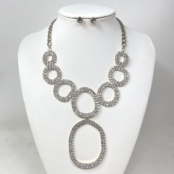 SILVER OPEN CIRCLE NECKLACE SET CLEAR STONES ( 10602 R )