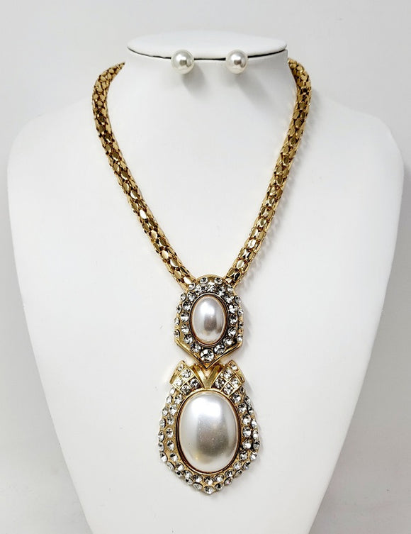 GOLD DOUBLE PEARL CLEAR STONE NECKLACE SET ( 10616 GCR )