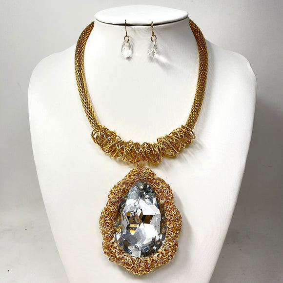 GOLD WIRE NECKLACE SET CLEAR STONES ( 10629 GCL )