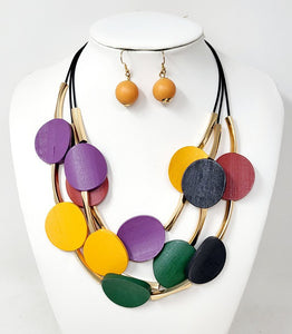 BLACK CHORD NECKLACE SET DARK MULTI COLOR WOODEN PIECES ( 10642 DMT )