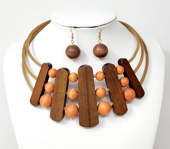 GOLD NECKLACE SET BROWN ORANGE WOODEN PIECES ( 10651 BRX )