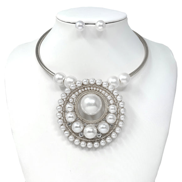 SILVER CHOKER NECKLACE SET WHITE PEARLS ( 10684 RWH )