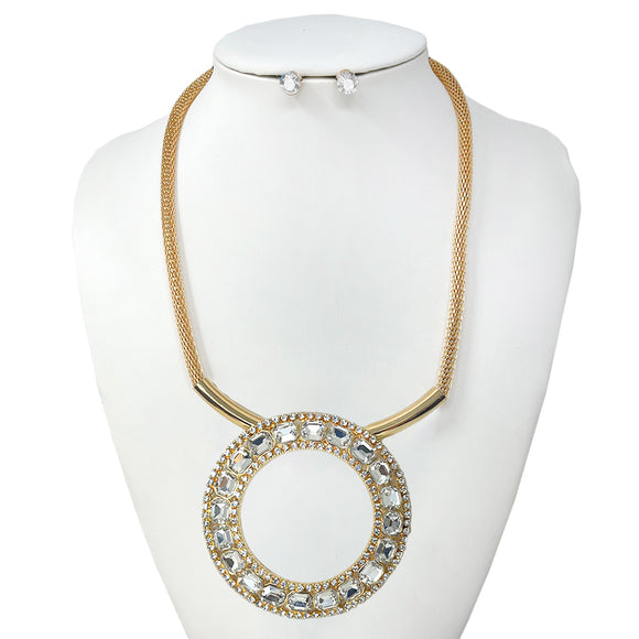 GOLD ROUND NECKLACE SET CLEAR STONES ( 10690 GCL )