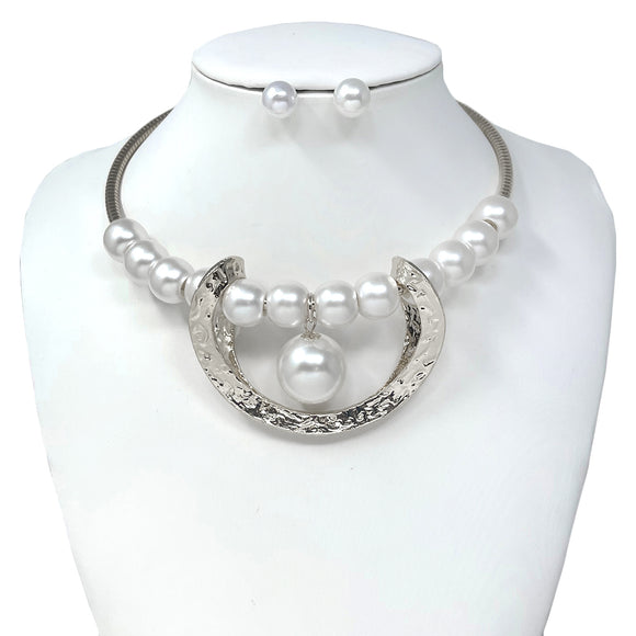 SILVER CHOKER WHITE PEARL NECKLACE SET ( 10695 RWH )