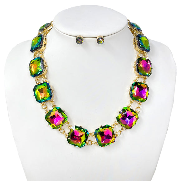 GOLD OIL SPILL VITRAIL NECKLACE SET SQUARE ( 10699 GGT )