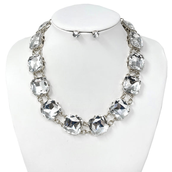 SILVER CLEAR NECKLACE SET SQUARE ( 10699 RCL )